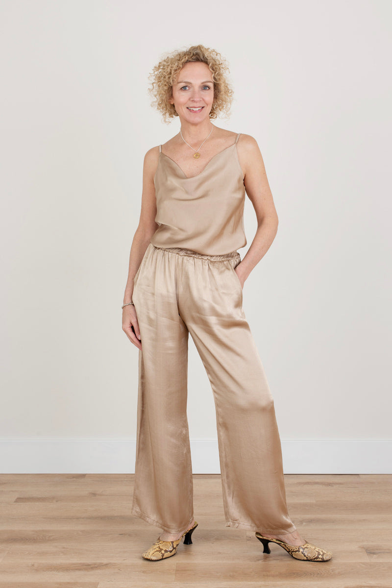 Silky Wide Leg Beige Trousers