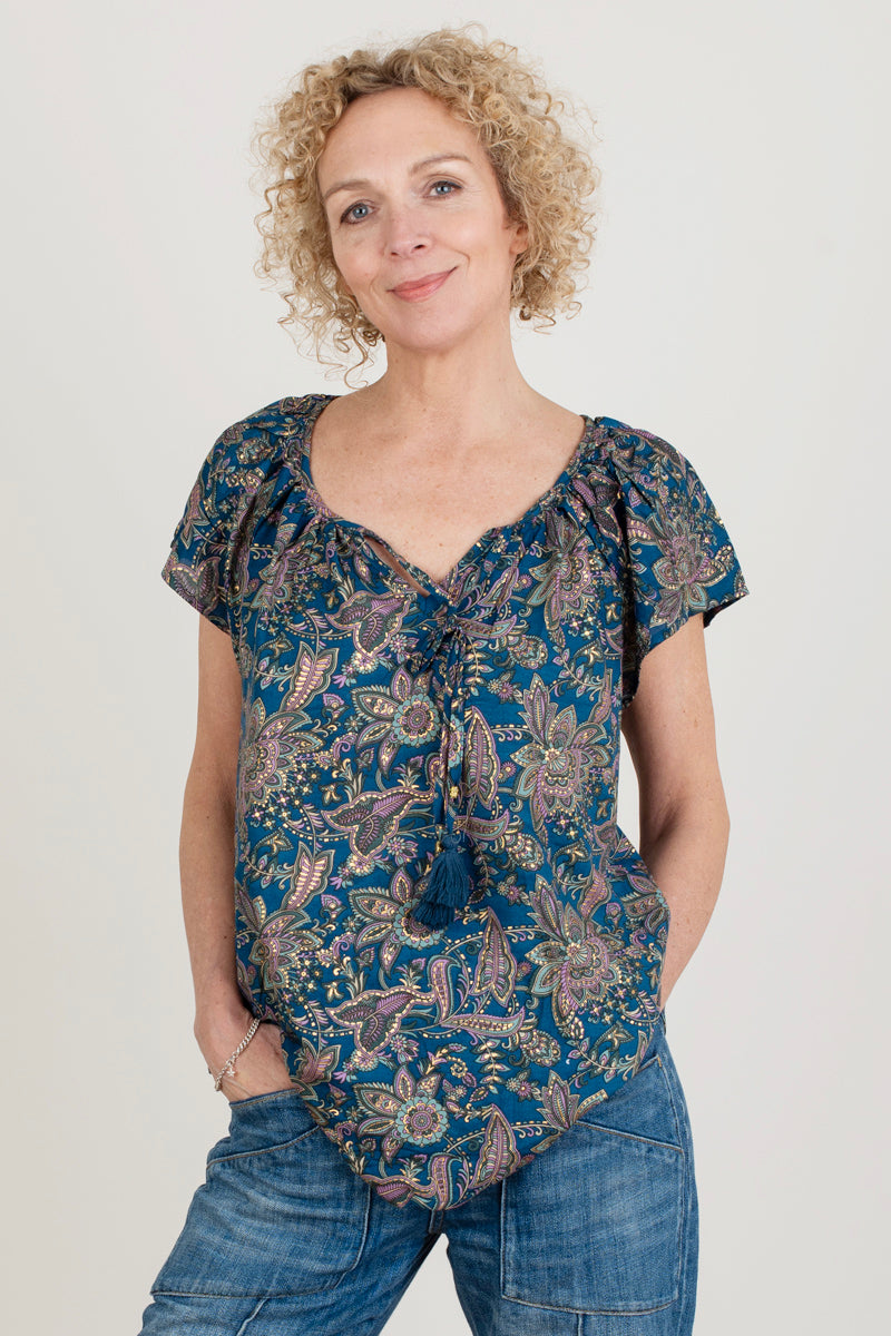 Blue Print Tassle Blouse