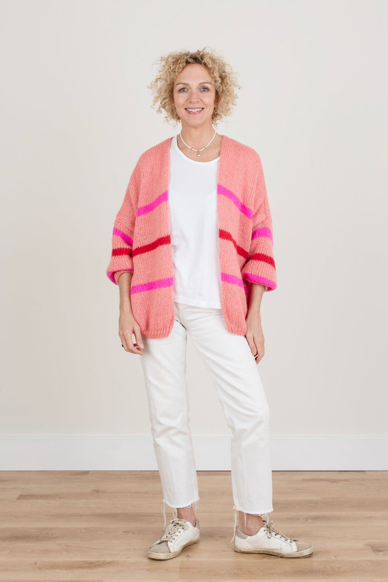 Pink cardigan with colour stripes