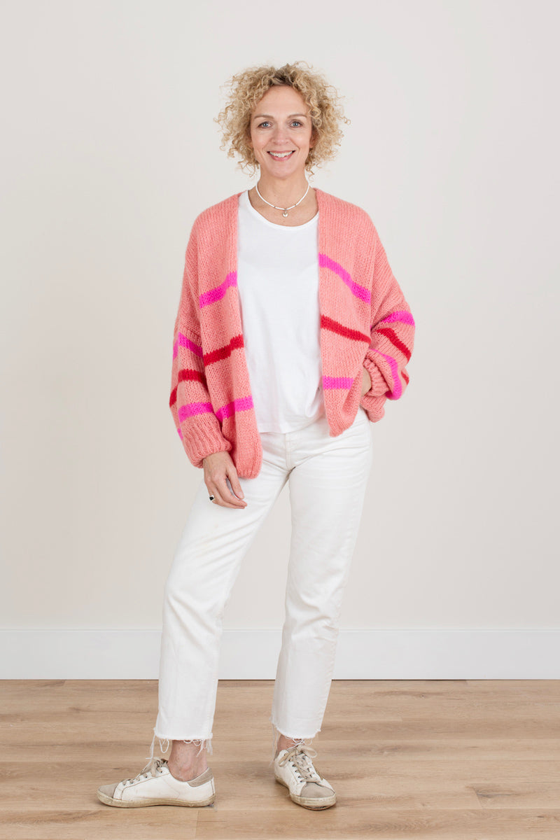 Pink cardigan with colour stripes
