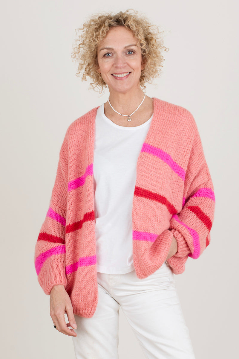 Pink cardigan with colour stripes