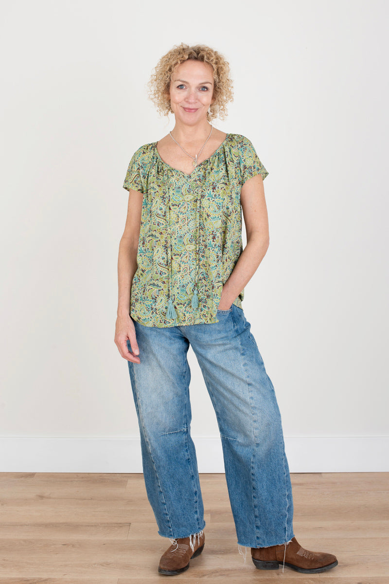 Green Pattern Tassle Blouse