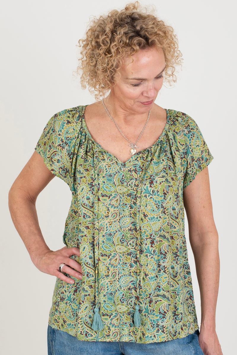 Green Pattern Tassle Blouse