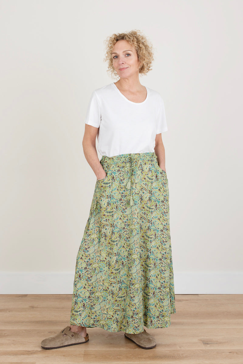Silky Green And Gold Patterned Skirt