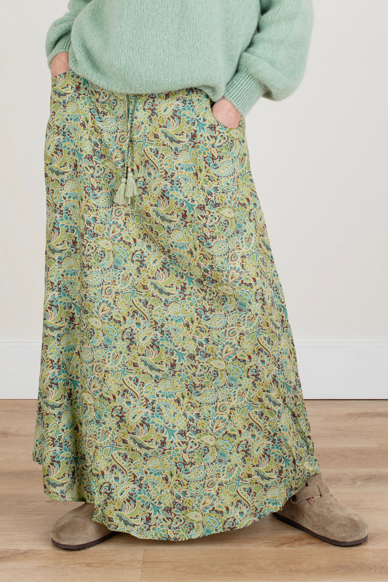 Silky Green And Gold Patterned Skirt