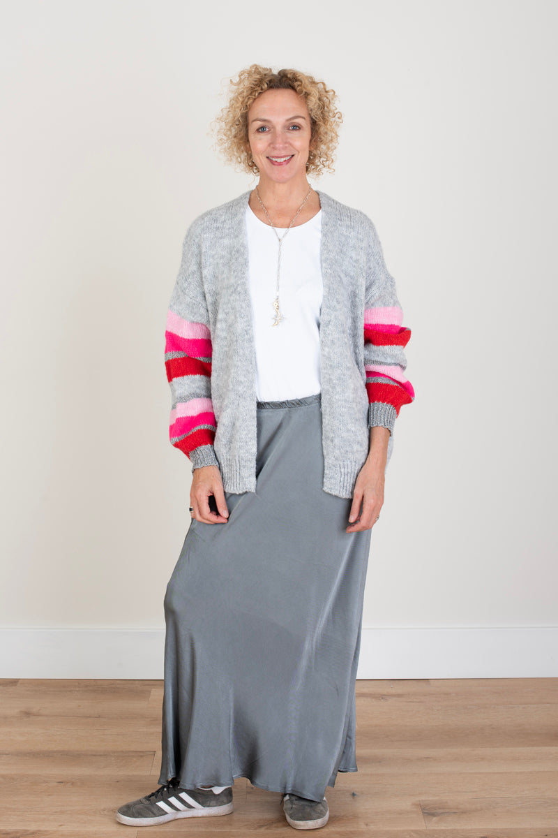 Grey Cardigan Pink Red Stripes