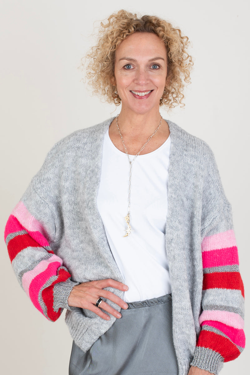 Grey Cardigan Pink Red Stripes