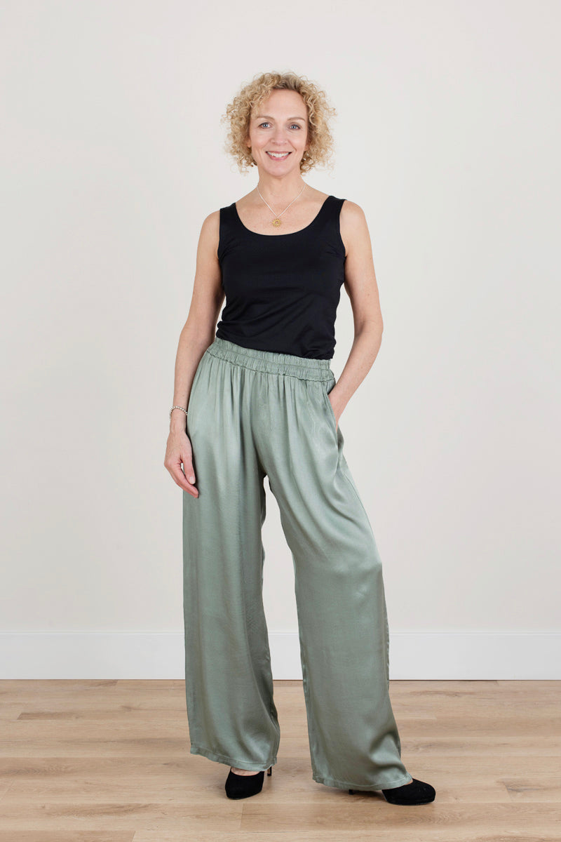 Silky Wide Leg Pistachio Trousers