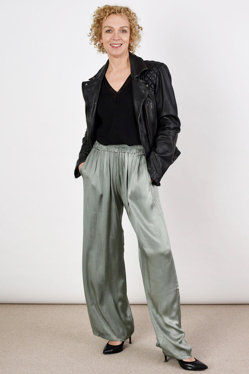 Silky Wide Leg Pistachio Trousers