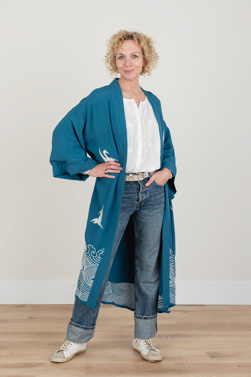 Teal Embroidered Long Kimono