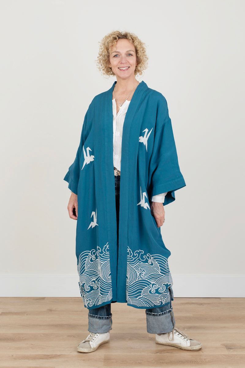 Teal Embroidered Long Kimono