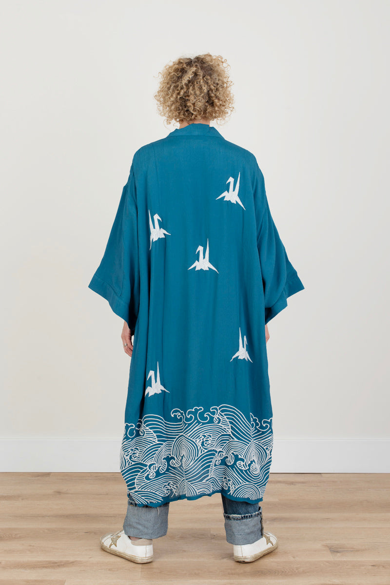 Teal Embroidered Long Kimono